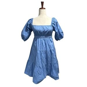 Sim & Sam Anthropologie Dress Medium Puff Sleeve Cottagecore Midi Tiered Blue